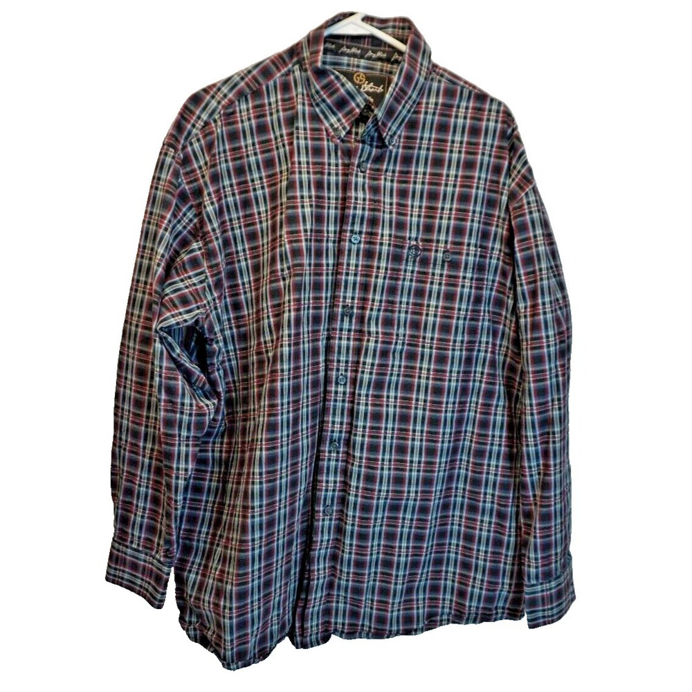 George Strait Wrangler Shirt Mens 2XL XXL Blue Black Plaid Button Up Long Sleeve
